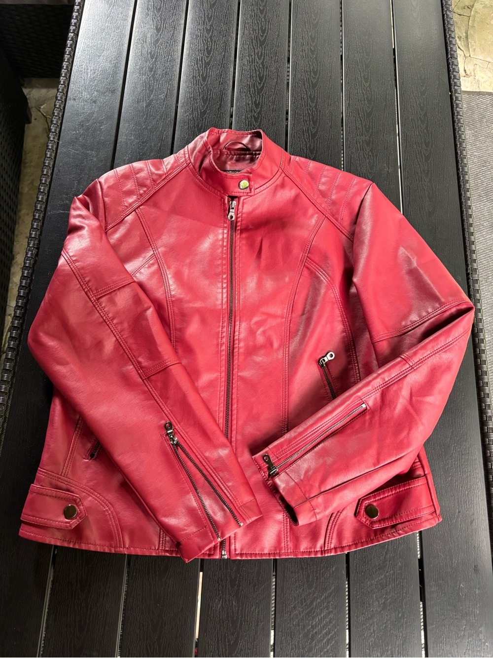 Red Pu Leather Bomber Jacket R1 - Picture 2 of 9